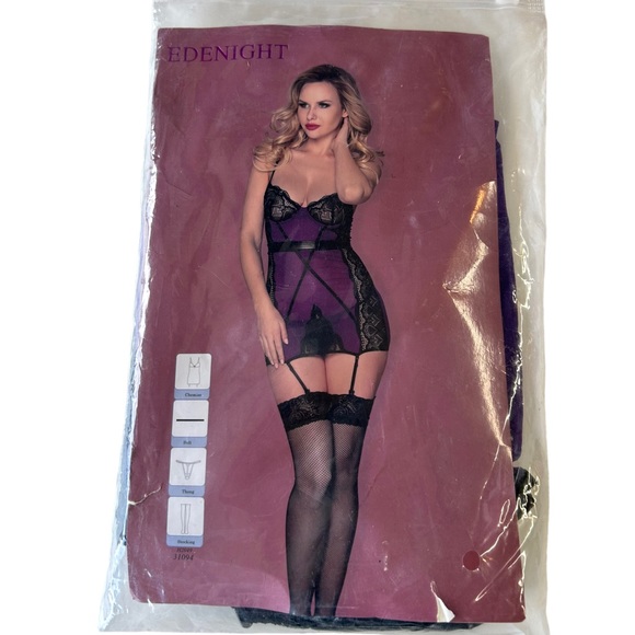 Edenight sexy purple lingerie set chemise w underwire belt thong stockings NIP - Picture 1 of 3